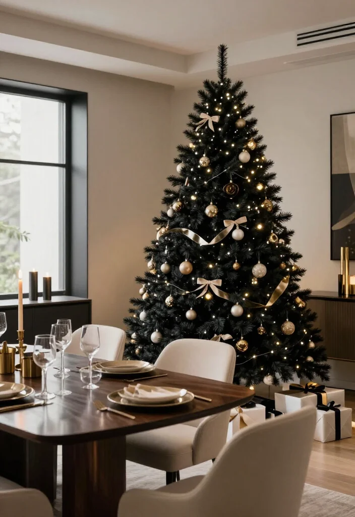 13 Elegant Black Christmas Tree Ideas That'll Make Your Holiday Decor Look Instantly Luxurious - 8. A Black Tree Styled for the Holiday Dining Room 1