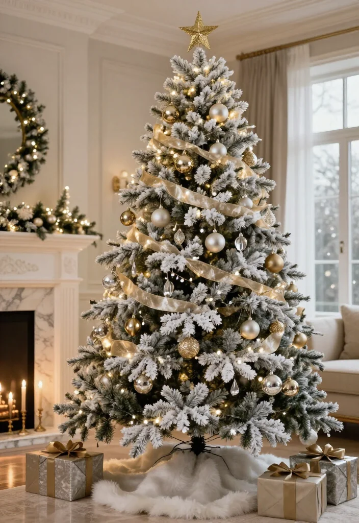 13 Flocked Christmas Tree Decorating Ideas That Look Straight Out of a Holiday Movie (Wait Until You See #7!) - 1. Classic Silver and Gold Christmas Tree 1