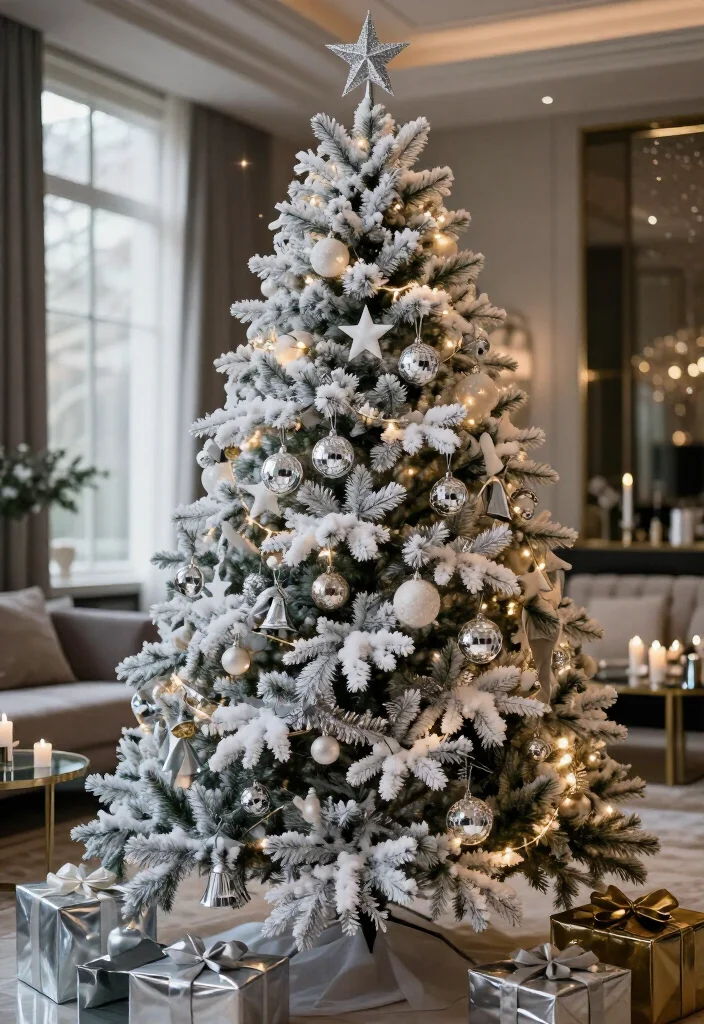 13 Flocked Christmas Tree Decorating Ideas That Look Straight Out of a Holiday Movie (Wait Until You See #7!) - 10. Silver Tinsel, Mirror Balls, and Retro Glam 1