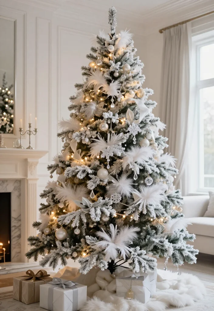 13 Flocked Christmas Tree Decorating Ideas That Look Straight Out of a Holiday Movie (Wait Until You See #7!) - 12. White Feather and Crystal Snow Queen Tree 1