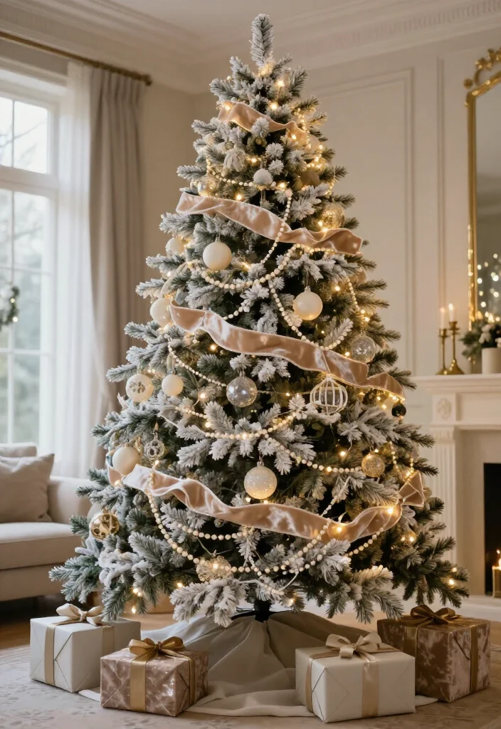 13 Flocked Christmas Tree Decorating Ideas That Look Straight Out of a Holiday Movie (Wait Until You See #7!) - 2. Champagne Velvet Ribbon and Pearl Glow 1