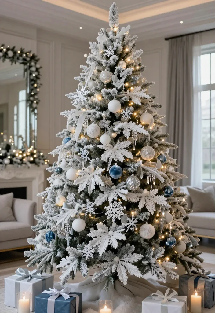 13 Flocked Christmas Tree Decorating Ideas That Look Straight Out of a Holiday Movie (Wait Until You See #7!) - 3. Winter White With Crystal and Ice-Blue Sparkle 1