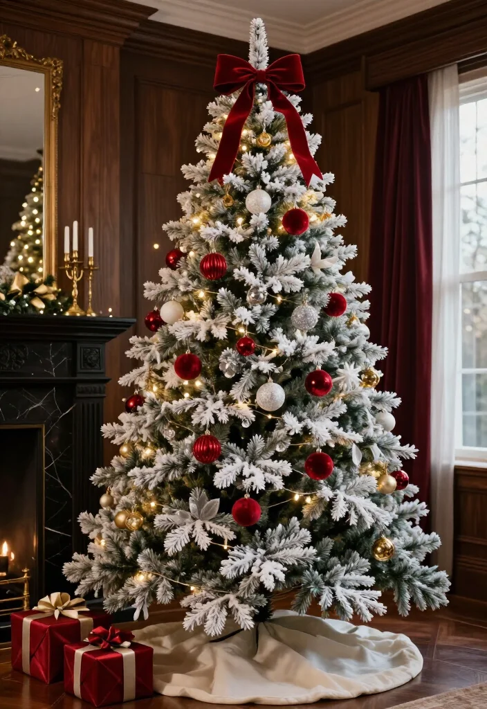 13 Flocked Christmas Tree Decorating Ideas That Look Straight Out of a Holiday Movie (Wait Until You See #7!) - 4. Old-Hollywood Glam With Red Velvet Accents 1