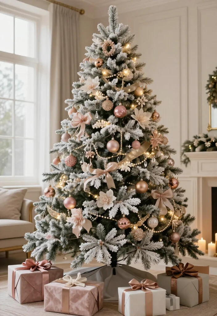 13 Flocked Christmas Tree Decorating Ideas That Look Straight Out of a Holiday Movie (Wait Until You See #7!) - 5. Blush, Rose Gold, and Champagne Romance 1