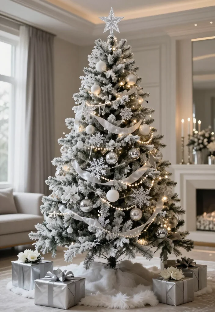 13 Flocked Christmas Tree Decorating Ideas That Look Straight Out of a Holiday Movie (Wait Until You See #7!) - 6. Luxe Monochrome With Silver, White, and Pearl 1