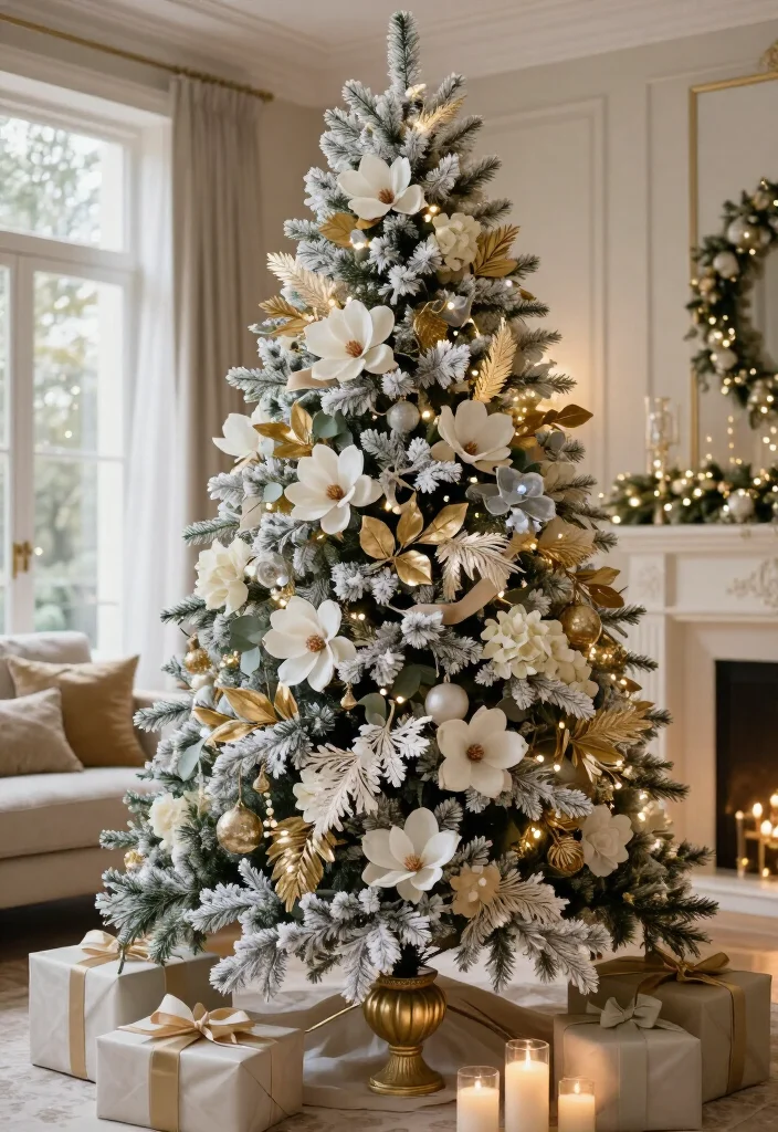 13 Flocked Christmas Tree Decorating Ideas That Look Straight Out of a Holiday Movie (Wait Until You See #7!) - 8. Gold Botanical Elegance With Frosted Florals 1