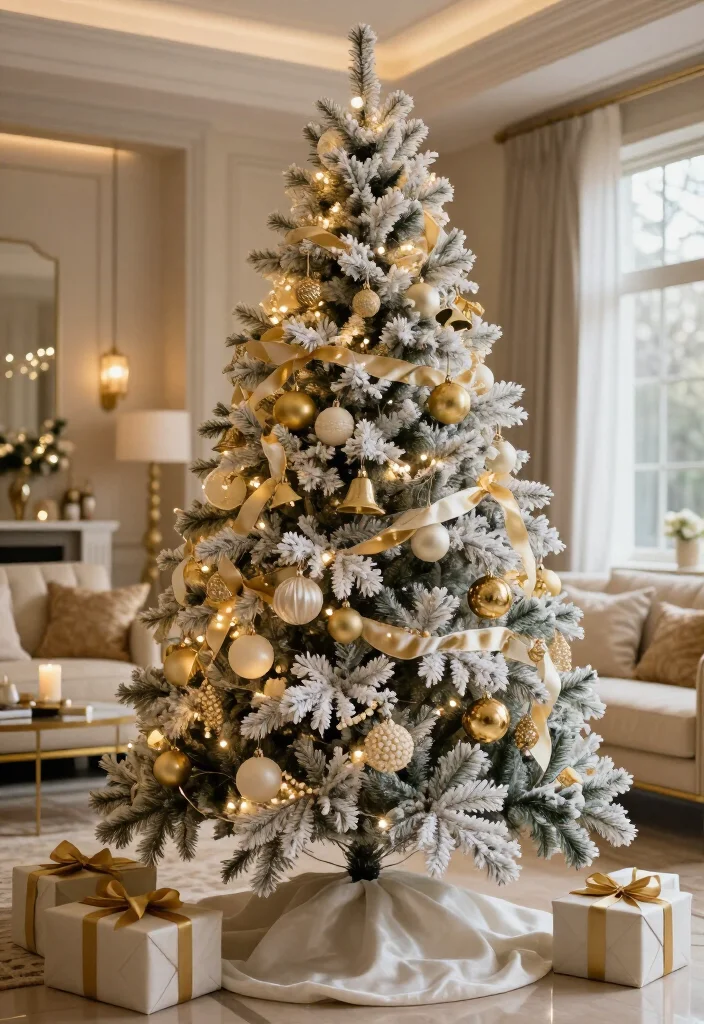 13 Flocked Christmas Tree Decorating Ideas That Look Straight Out of a Holiday Movie (Wait Until You See #7!) - 9. Soft Gold and Ivory Country-Club Glam 1