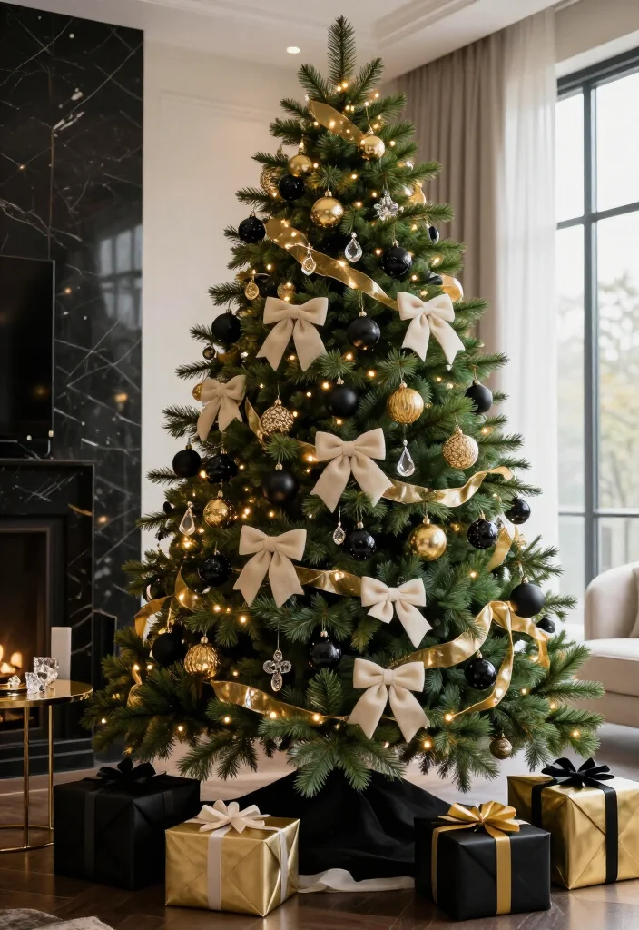 13 Glamorous Christmas Tree Decorating Ideas That Look Straight Out of a Luxury Magazine (#7 Is Pure Holiday Magic!) 15 13 Glamorous Christmas Tree Decorating Ideas That Look Straight Out of a Luxury Magazine (#7 Is Pure Holiday Magic!) - 4. Black, Gold, and Ivory for Modern Drama 1