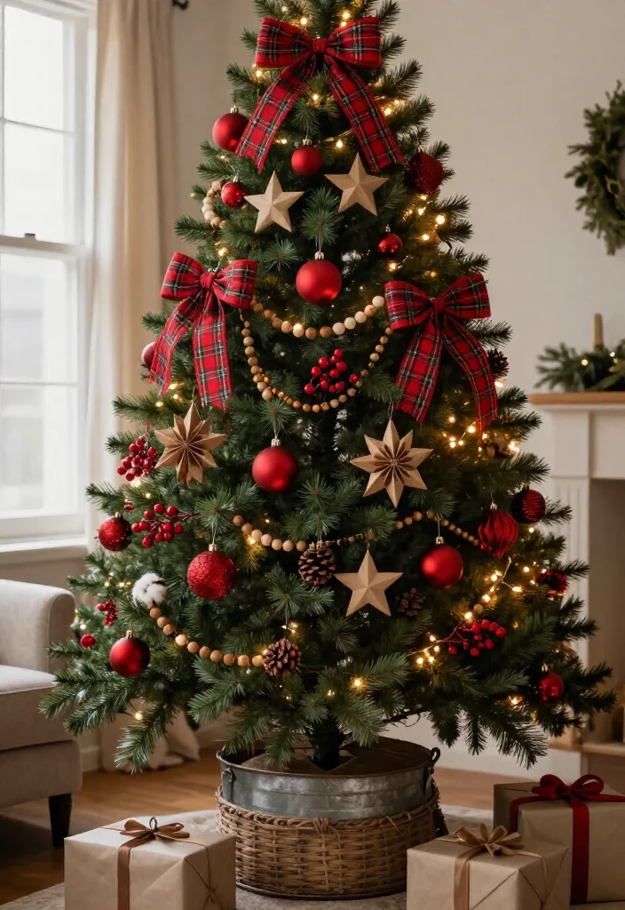 15 Budget-Friendly Red Christmas Tree Ideas That Look Shockingly Expensive - 10. Bring in Red Plaid for a Cozy Farmhouse Tree 1