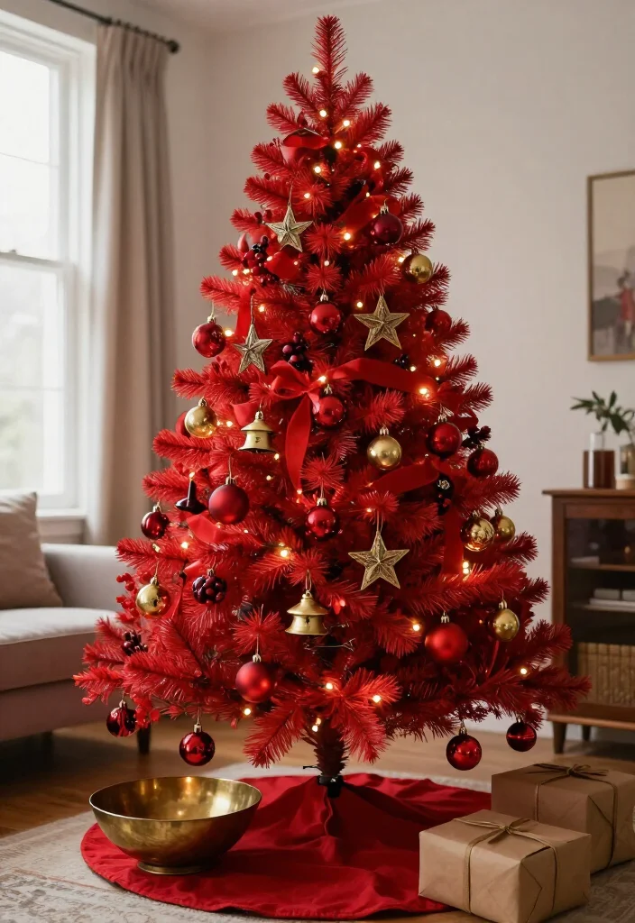 15 Budget-Friendly Red Christmas Tree Ideas That Look Shockingly Expensive - 11. Mix Thrifted Brass and Vintage-Style Accents into the Red Decor 1