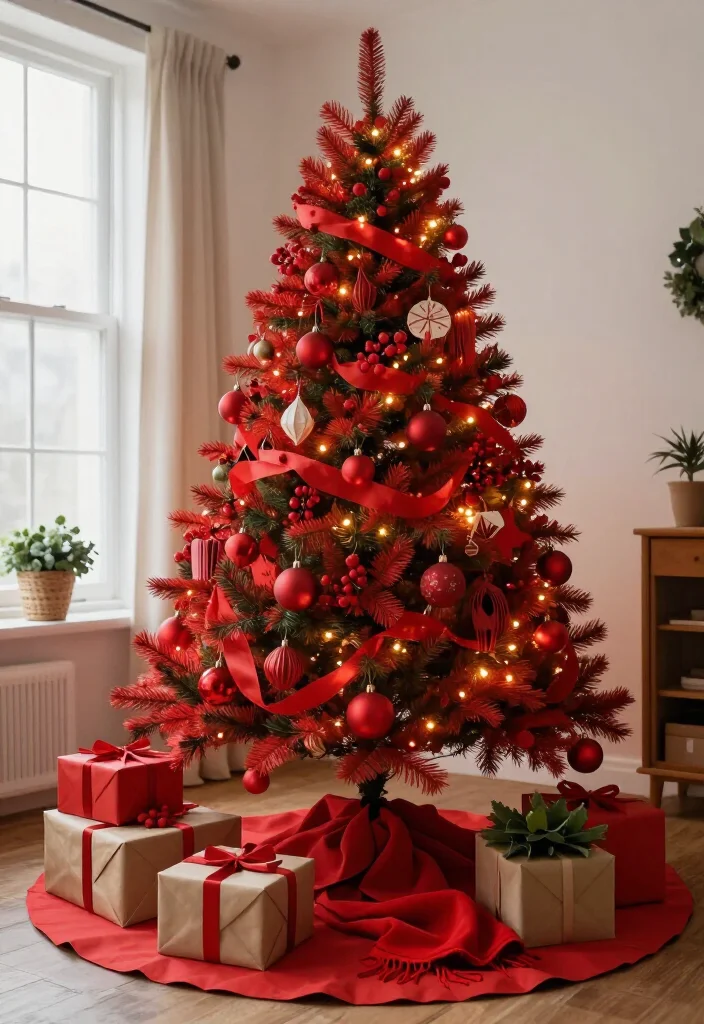 15 Budget-Friendly Red Christmas Tree Ideas That Look Shockingly Expensive - 13. Turn Wrapping Paper Scraps into a Coordinated Tree Skirt and Gifts 1