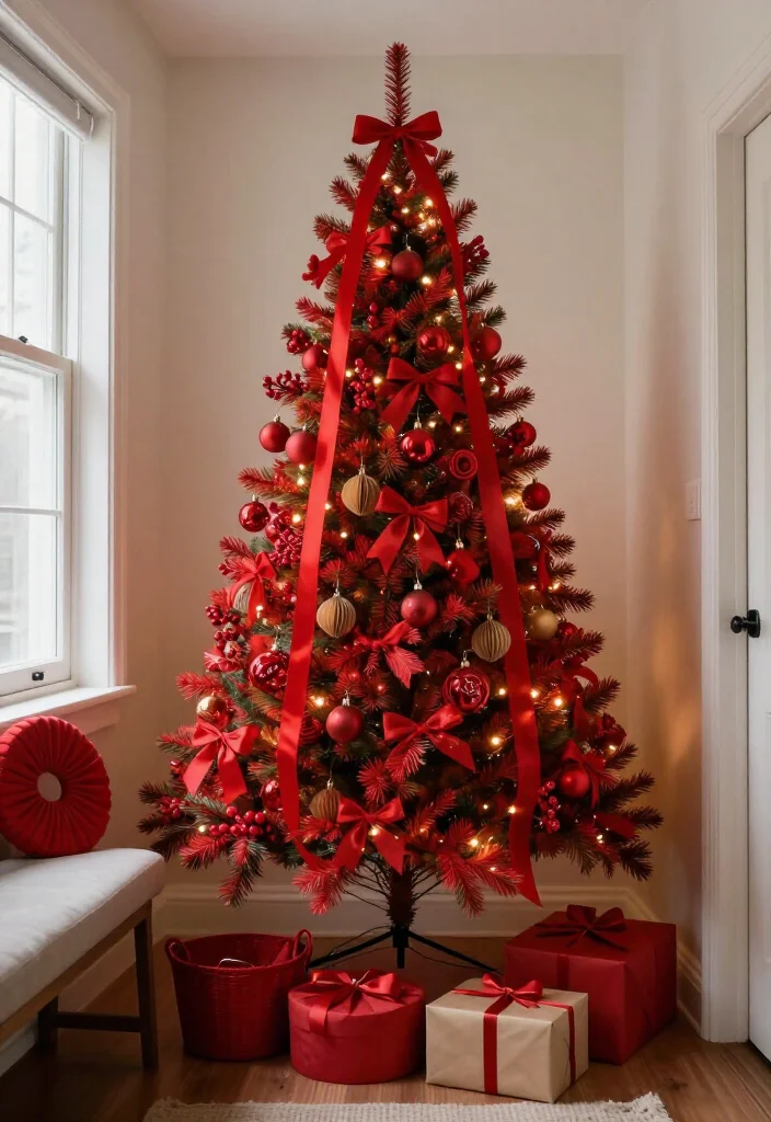 15 Budget-Friendly Red Christmas Tree Ideas That Look Shockingly Expensive - 14. Style a Slim Red Tree in an Entryway with Vertical Layers 1
