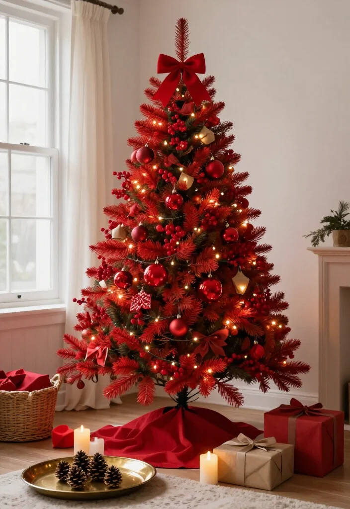 15 Budget-Friendly Red Christmas Tree Ideas That Look Shockingly Expensive - 15. Finish with Red Berries, Warm Lights, and a Simple Candlelit Corner 1