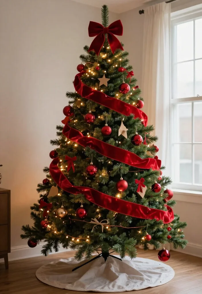 15 Budget-Friendly Red Christmas Tree Ideas That Look Shockingly Expensive - 2. Use Velvet-Look Red Ribbon Instead of Costly Designer Garlands 1