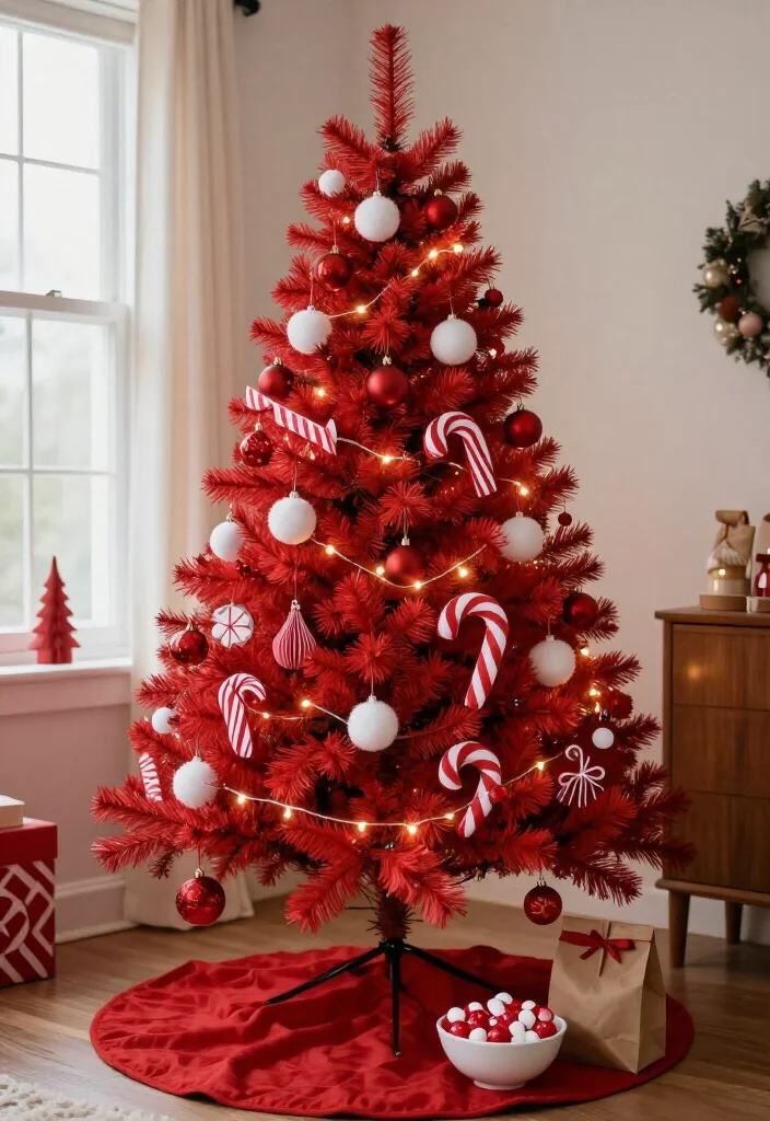15 Budget-Friendly Red Christmas Tree Ideas That Look Shockingly Expensive - 4. Create a Candy-Inspired Red and White Tree with Cheap Supplies 1