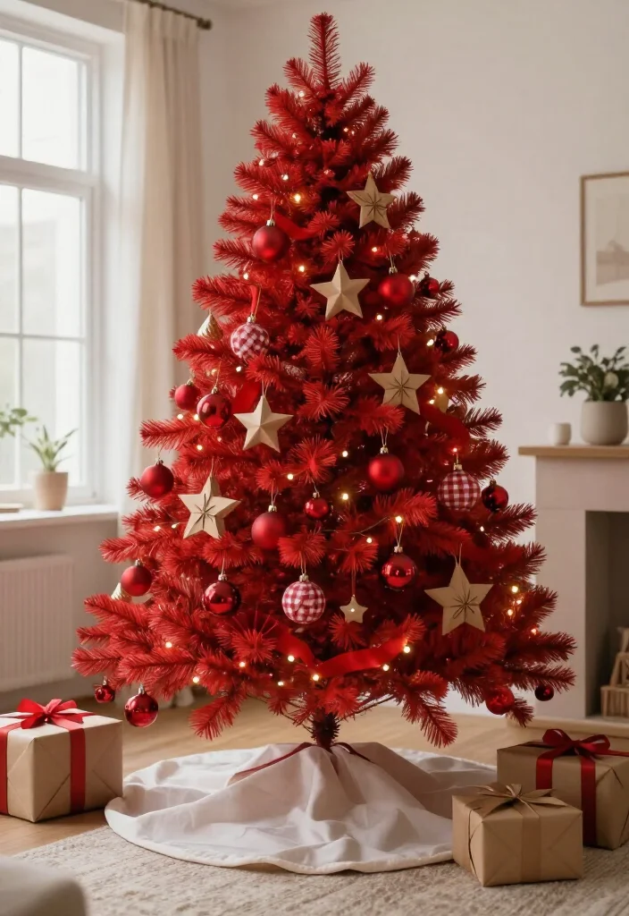 15 Budget-Friendly Red Christmas Tree Ideas That Look Shockingly Expensive - 6. Pair Red Ornaments with Kraft Paper for a Warm, Modern Look 1