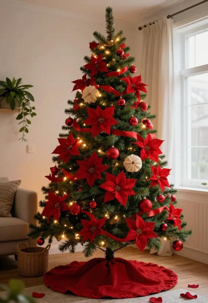 15 Budget-Friendly Red Christmas Tree Ideas That Look Shockingly Expensive - 7. Use Red Poinsettia Picks to Make a Basic Tree Look Lush 1