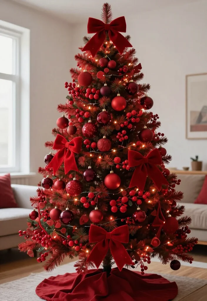 15 Budget-Friendly Red Christmas Tree Ideas That Look Shockingly Expensive - 8. Try a Red Monochrome Tree with Matte, Glossy, and Soft Textures 1