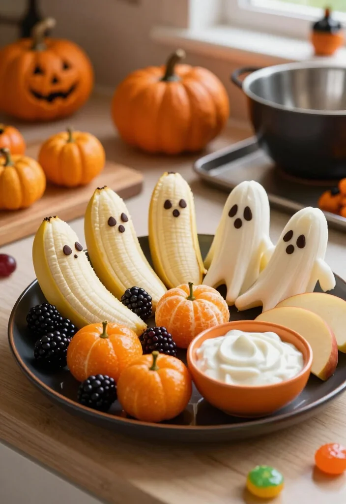 15 Cheap Halloween Party Ideas That Look Shockingly Expensive (Guests Will Never Guess the Budget!) - 10. Arrange Ghost Bananas and Clementine Pumpkins 1