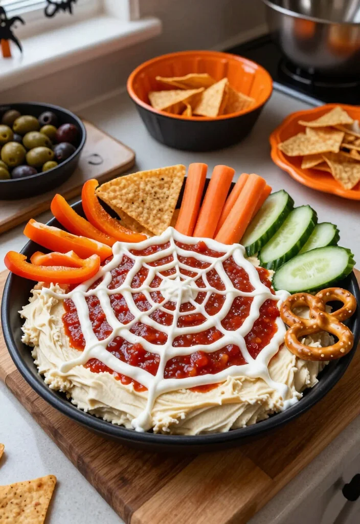 15 Cheap Halloween Party Ideas That Look Shockingly Expensive (Guests Will Never Guess the Budget!) - 5. Create a Spiderweb Dip With Three Pantry Staples 1