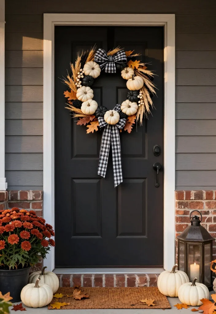 15 Clever Thanksgiving Door Decor Ideas That'll Make Your Entryway the Talk of the Feast! - 11. Try a Black-and-White Pumpkin Wreath 1