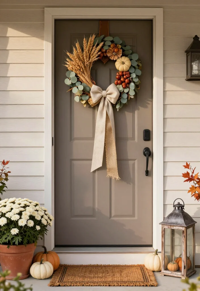 15 Clever Thanksgiving Door Decor Ideas That'll Make Your Entryway the Talk of the Feast! - 12. Style a Neutral Wheat-and-Mum Doorway 1