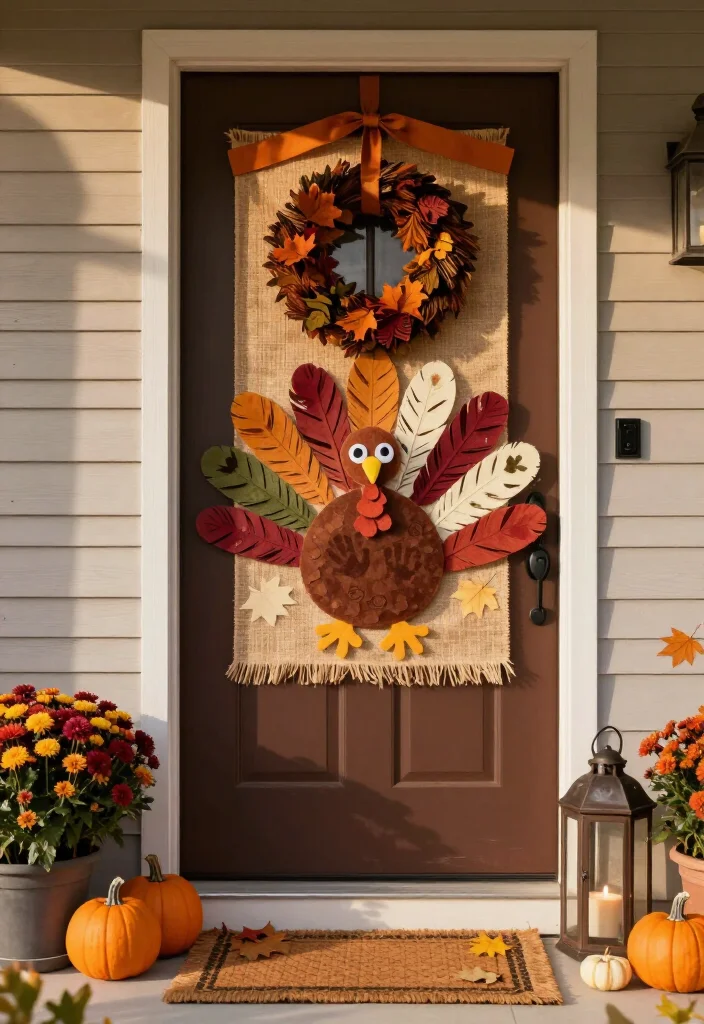 15 Clever Thanksgiving Door Decor Ideas That'll Make Your Entryway the Talk of the Feast! - 13. Make a Kid-Friendly Handprint Turkey Display 1
