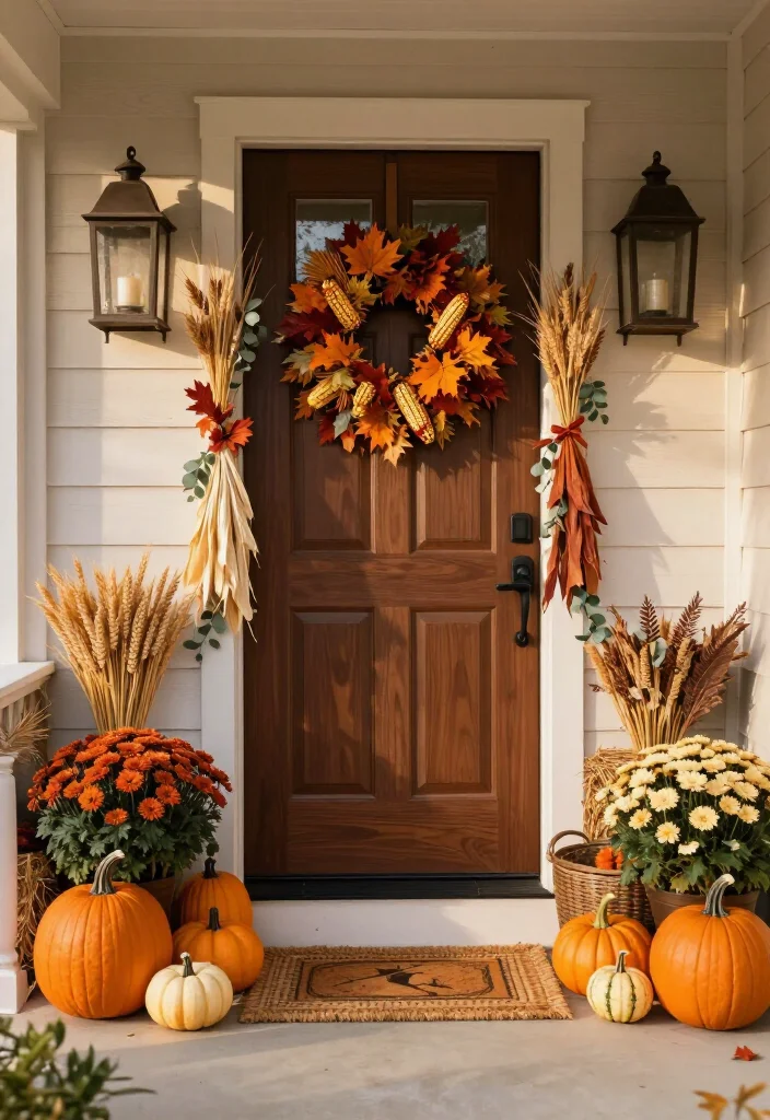 15 Clever Thanksgiving Door Decor Ideas That'll Make Your Entryway the Talk of the Feast! - 15. Frame the Door with Lanterns and Pumpkins 1