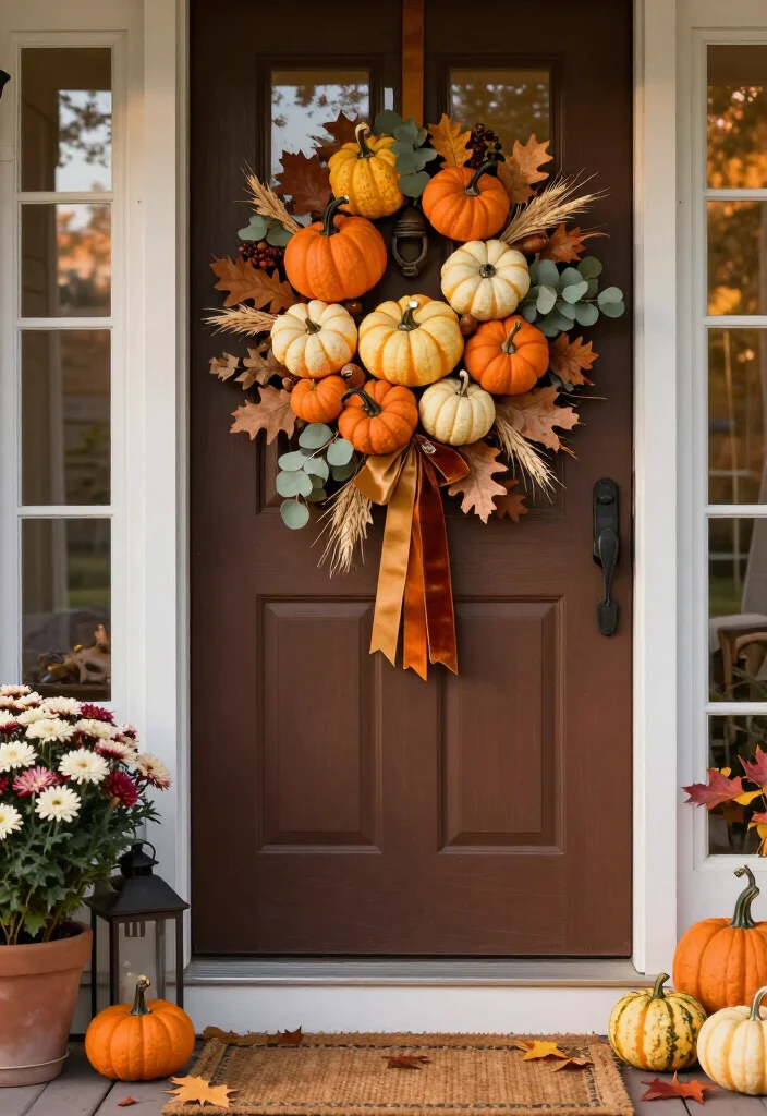 15 Clever Thanksgiving Door Decor Ideas That'll Make Your Entryway the Talk of the Feast! - 2. Group Mini Pumpkins Around the Door Knocker 1
