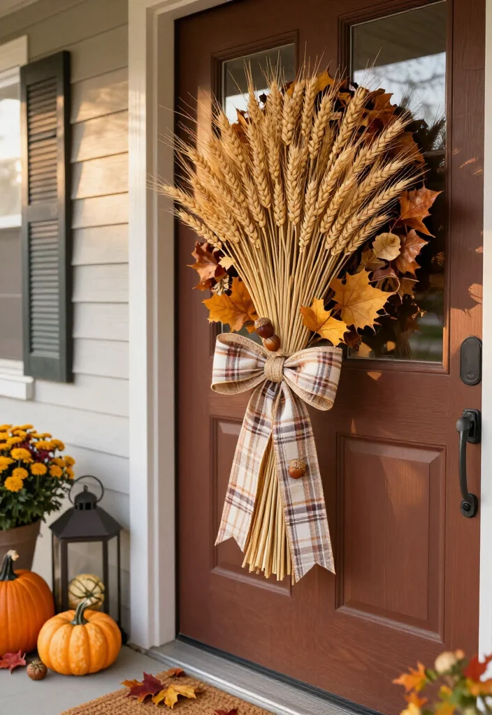 15 Clever Thanksgiving Door Decor Ideas That'll Make Your Entryway the Talk of the Feast! - 3. Tie a Plaid Ribbon and Wheat Bundle 1