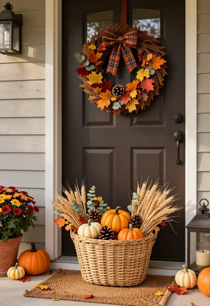 15 Clever Thanksgiving Door Decor Ideas That'll Make Your Entryway the Talk of the Feast! - 6. Layer a Wreath Over a Flat Basket 1