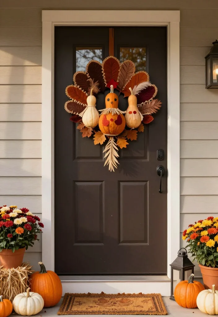 15 Clever Thanksgiving Door Decor Ideas That'll Make Your Entryway the Talk of the Feast! - 8. Create a No-Carve Turkey Gourd Garland 1