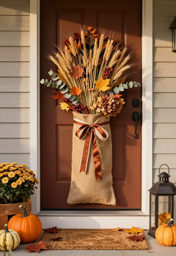 15 Clever Thanksgiving Door Decor Ideas That'll Make Your Entryway the Talk of the Feast! - 9. Hang a Burlap Pocket Full of Foliage 1