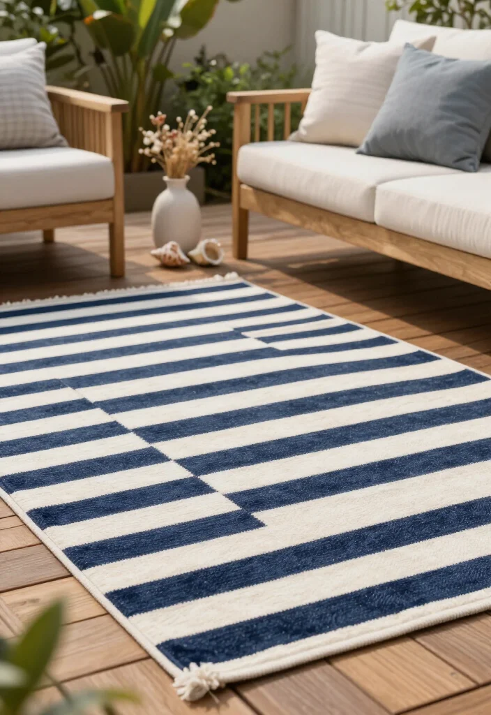 15 Cozy Outdoor Rug Concepts That'll Transform Your Patio into a Dreamy Retreat! - 1. Nautical Stripes for a Coastal Feel 1