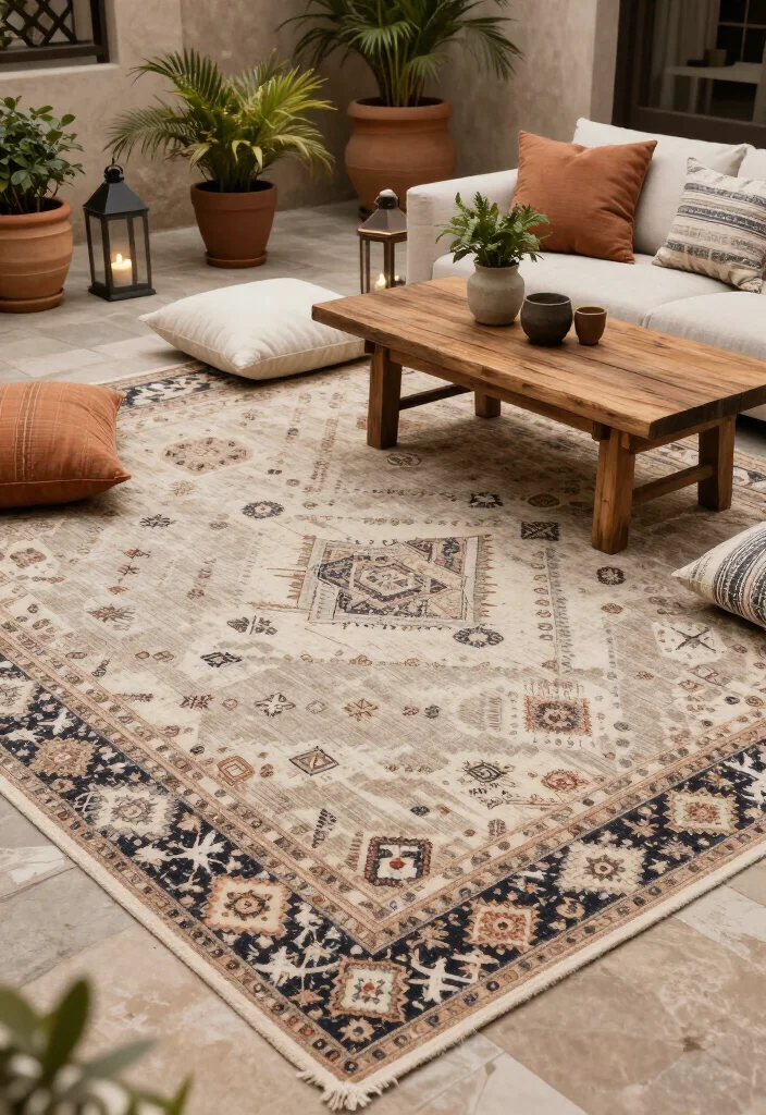 15 Cozy Outdoor Rug Concepts That'll Transform Your Patio into a Dreamy Retreat! - 10. Layered Rugs for Dimension and Texture 1
