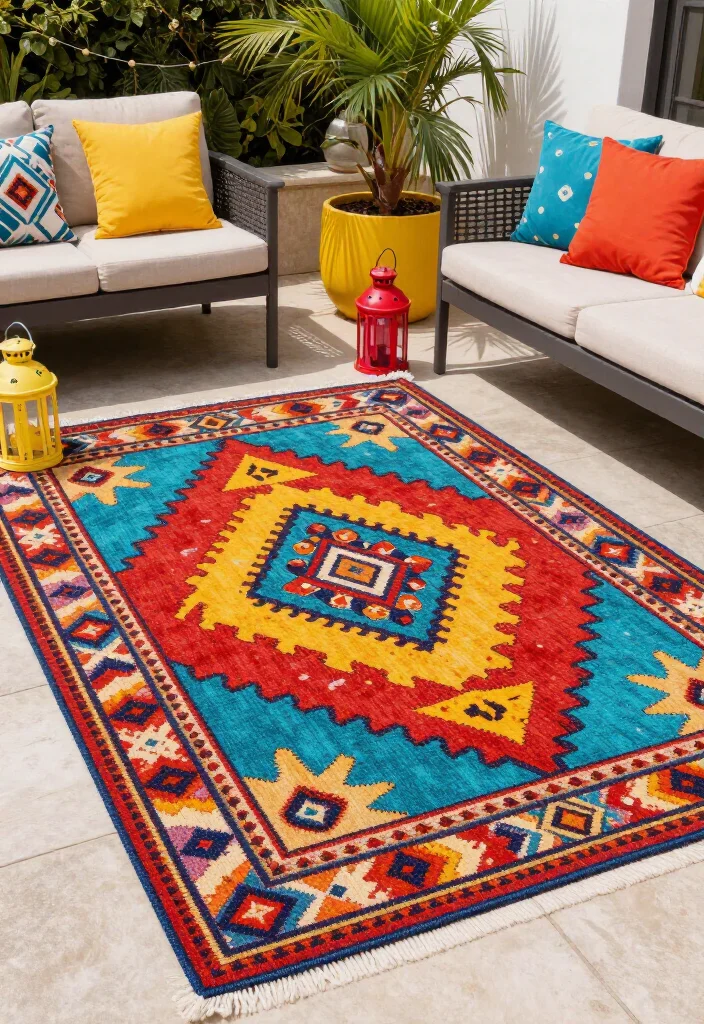 15 Cozy Outdoor Rug Concepts That'll Transform Your Patio into a Dreamy Retreat! - 12. Retro Patterns for a Fun Twist 1