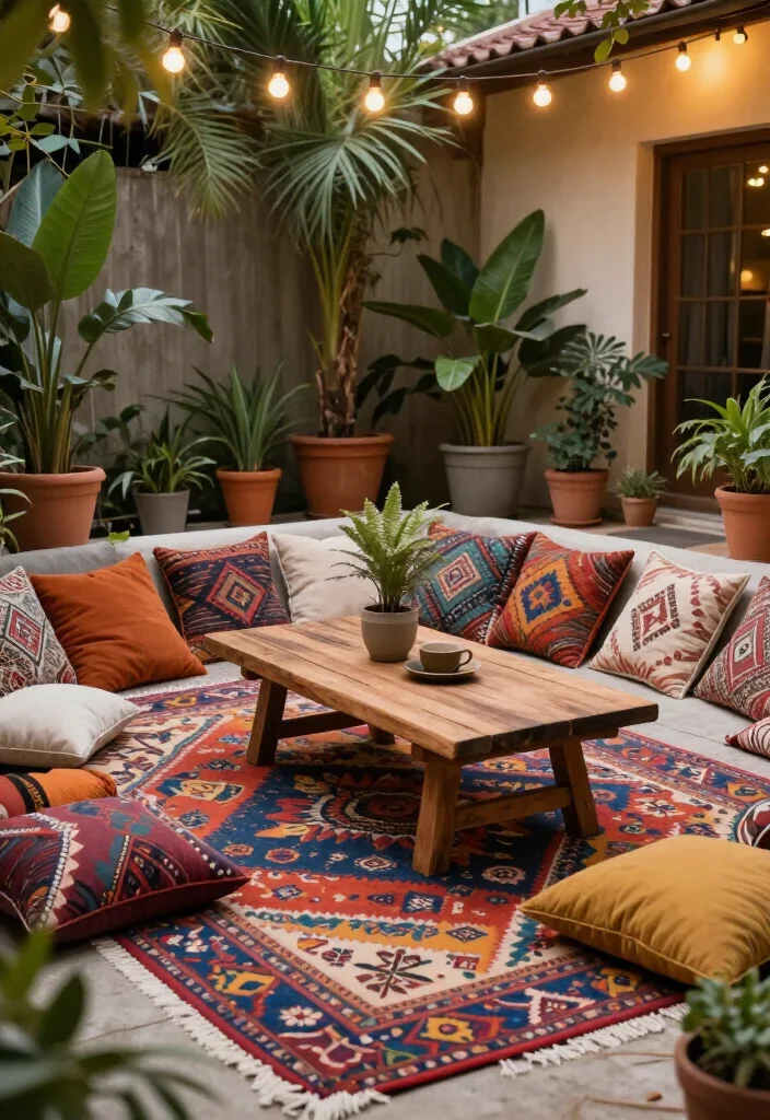 15 Cozy Outdoor Rug Concepts That'll Transform Your Patio into a Dreamy Retreat! - 2. Bohemian Patterns for a Textured Look 1
