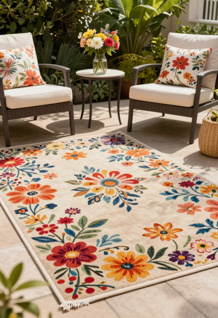 15 Cozy Outdoor Rug Concepts That'll Transform Your Patio into a Dreamy Retreat! - 5. Floral Prints for Vibrant Charm 1