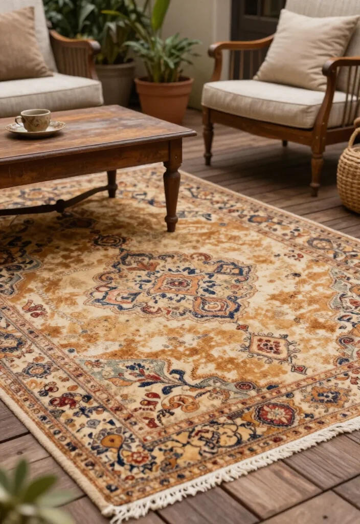 15 Cozy Outdoor Rug Concepts That'll Transform Your Patio into a Dreamy Retreat! - 8. Vintage-Inspired Rugs for Timeless Elegance 1