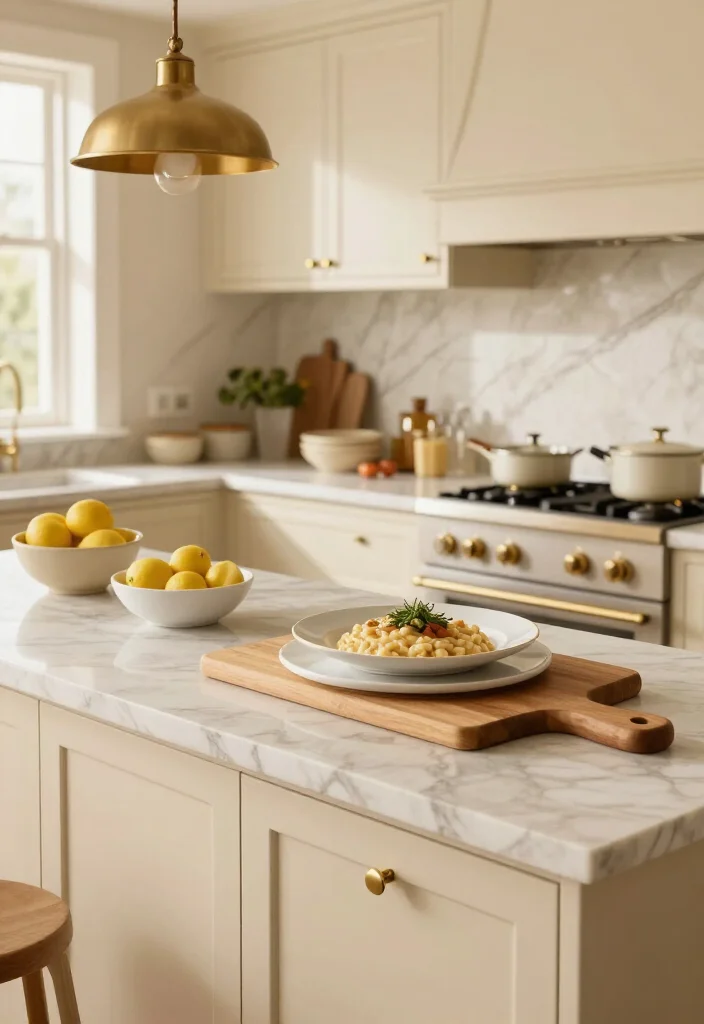 15 Cream Kitchen Ideas That Look So Luxurious, Guests Will Think You Remodeled! 2 15 Cream Kitchen Ideas That Look So Luxurious, Guests Will Think You Remodeled! - 1. Pair Cream Shaker Cabinets With Veined Marble 1