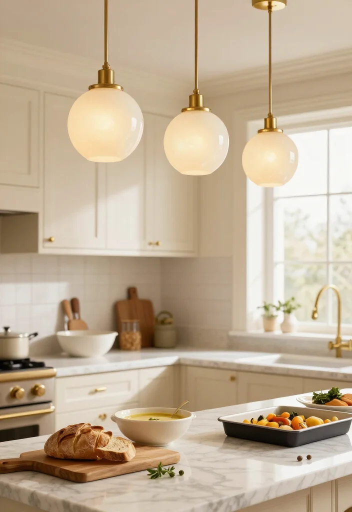 15 Cream Kitchen Ideas That Look So Luxurious, Guests Will Think You Remodeled! 63 15 Cream Kitchen Ideas That Look So Luxurious, Guests Will Think You Remodeled! - 10. Use Soft Brass And Opal Pendants Over The Island 1
