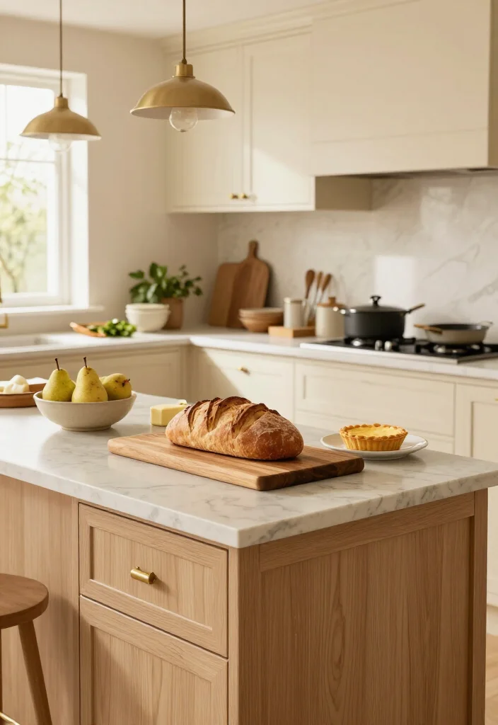 15 Cream Kitchen Ideas That Look So Luxurious, Guests Will Think You Remodeled! 24 15 Cream Kitchen Ideas That Look So Luxurious, Guests Will Think You Remodeled! - 3. Bring In A Warm Wood Island 1