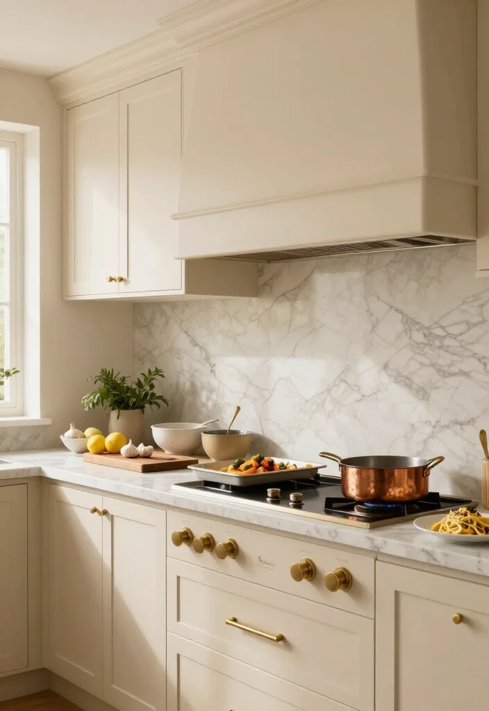15 Cream Kitchen Ideas That Look So Luxurious, Guests Will Think You Remodeled! 26 15 Cream Kitchen Ideas That Look So Luxurious, Guests Will Think You Remodeled! - 5. Run A Creamy Stone Backsplash To The Ceiling 1