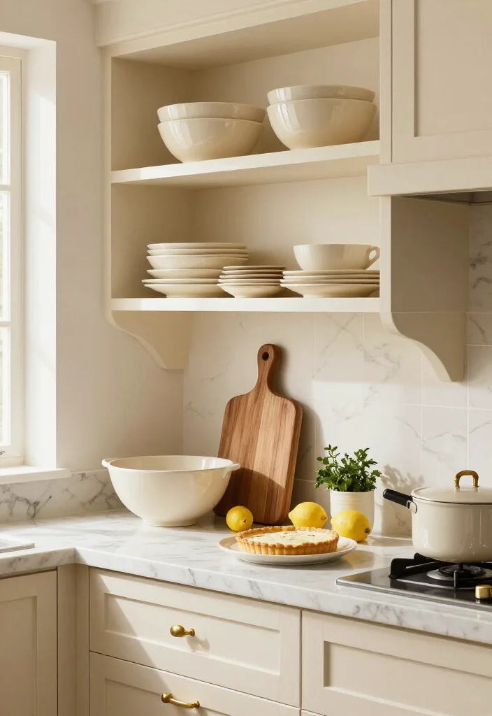 15 Cream Kitchen Ideas That Look So Luxurious, Guests Will Think You Remodeled! 37 15 Cream Kitchen Ideas That Look So Luxurious, Guests Will Think You Remodeled! - 6. Style Open Shelves With Cream Ceramics 1