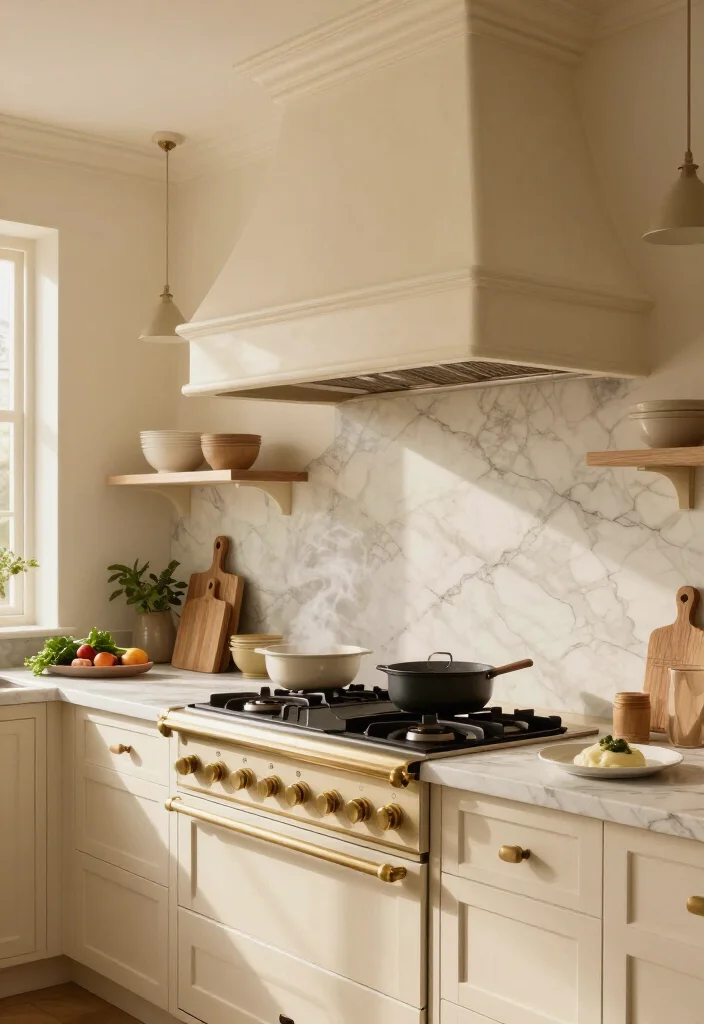 15 Cream Kitchen Ideas That Look So Luxurious, Guests Will Think You Remodeled! 51 15 Cream Kitchen Ideas That Look So Luxurious, Guests Will Think You Remodeled! - 8. Add A Statement Range Hood In Cream Plaster 1