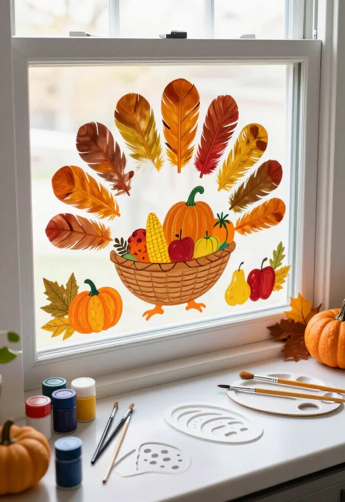 15 Easy Thanksgiving Window Painting Ideas Anyone Can Create (Even If You Can't Draw!) 3 15 Easy Thanksgiving Window Painting Ideas Anyone Can Create (Even If You Can't Draw!) - 2. Friendly Turkey and Cornucopia Corner 1