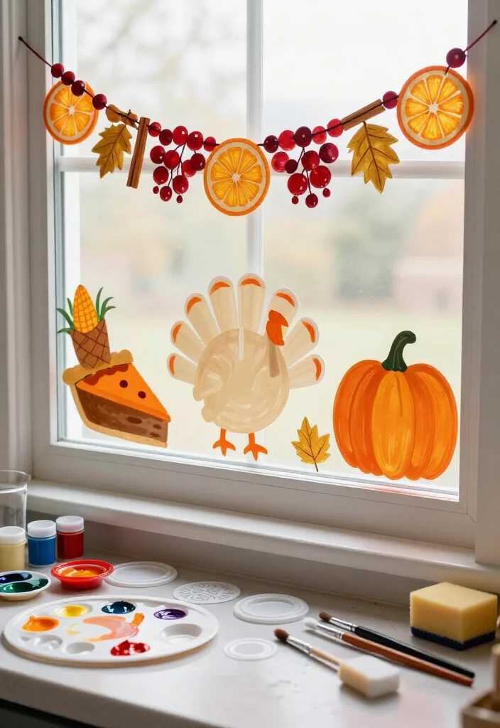 15 Easy Thanksgiving Window Painting Ideas Anyone Can Create (Even If You Can't Draw!) 27 15 Easy Thanksgiving Window Painting Ideas Anyone Can Create (Even If You Can't Draw!) - 6. Cranberry and Orange Food Garland 1