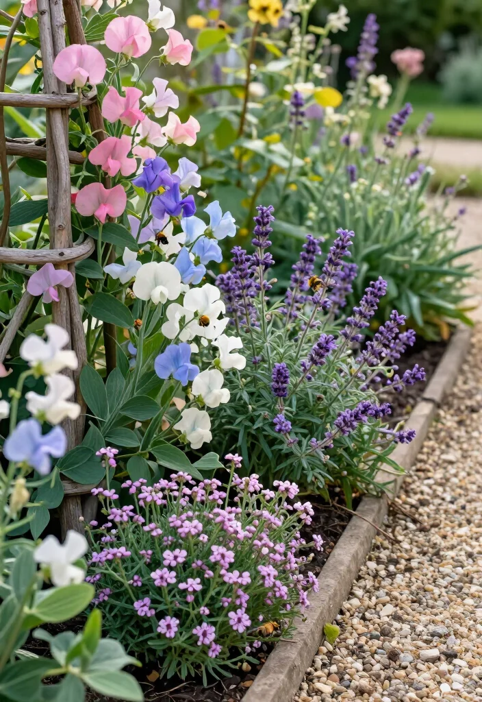 15 Fragrant Pollinator Path Borders That’ll Keep Bees Coming Back All Season Long (Wait Until You See #7!) - 10. Sweet Peas on a Trellis with Low Thyme at Their Feet 1