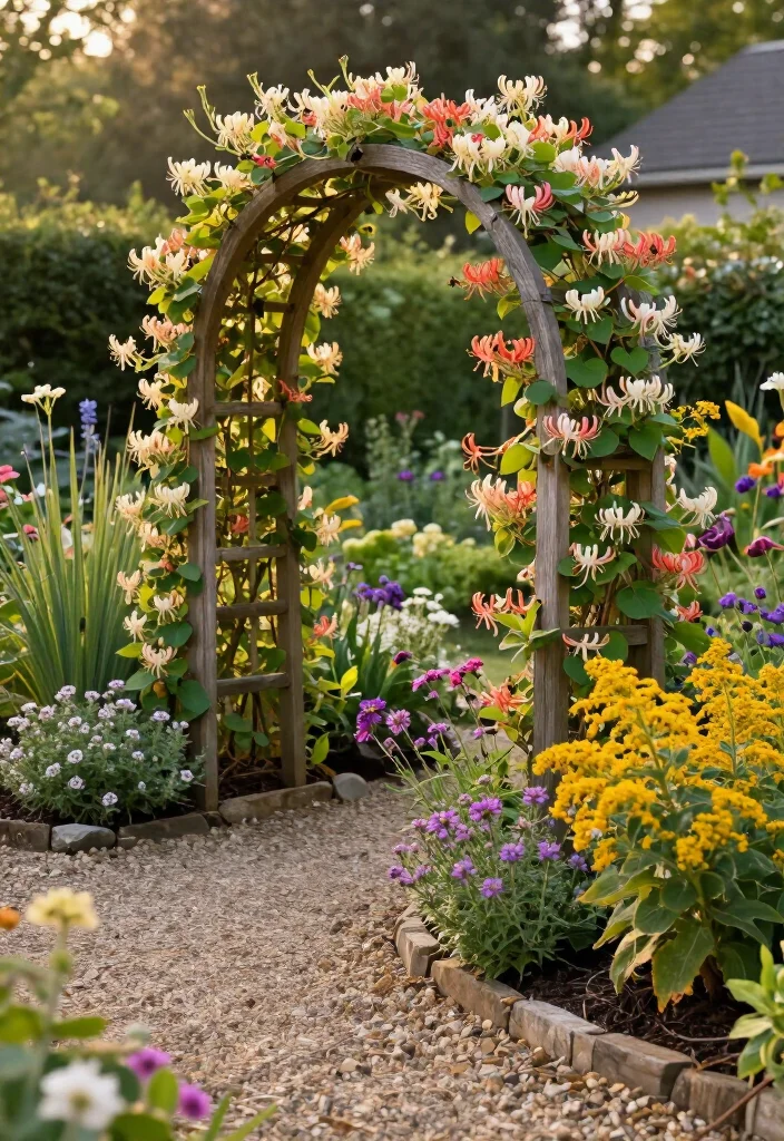 15 Fragrant Pollinator Path Borders That’ll Keep Bees Coming Back All Season Long (Wait Until You See #7!) - 7. Fragrant Honeysuckle Over a Bee-Friendly Path Arch 1