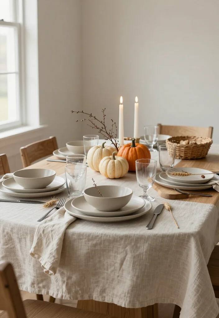 15 Serene Minimalist Thanksgiving Tablescapes That Make Neutral Decor Look Absolutely Stunning - 1. Ivory Linen and Natural Wood for an Easy, Warm Foundation 1